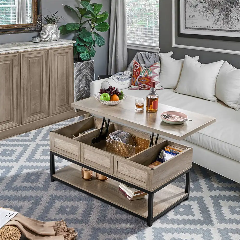

Wooden Lift Top Coffee Table with Storage Shelf, Rustic Gray