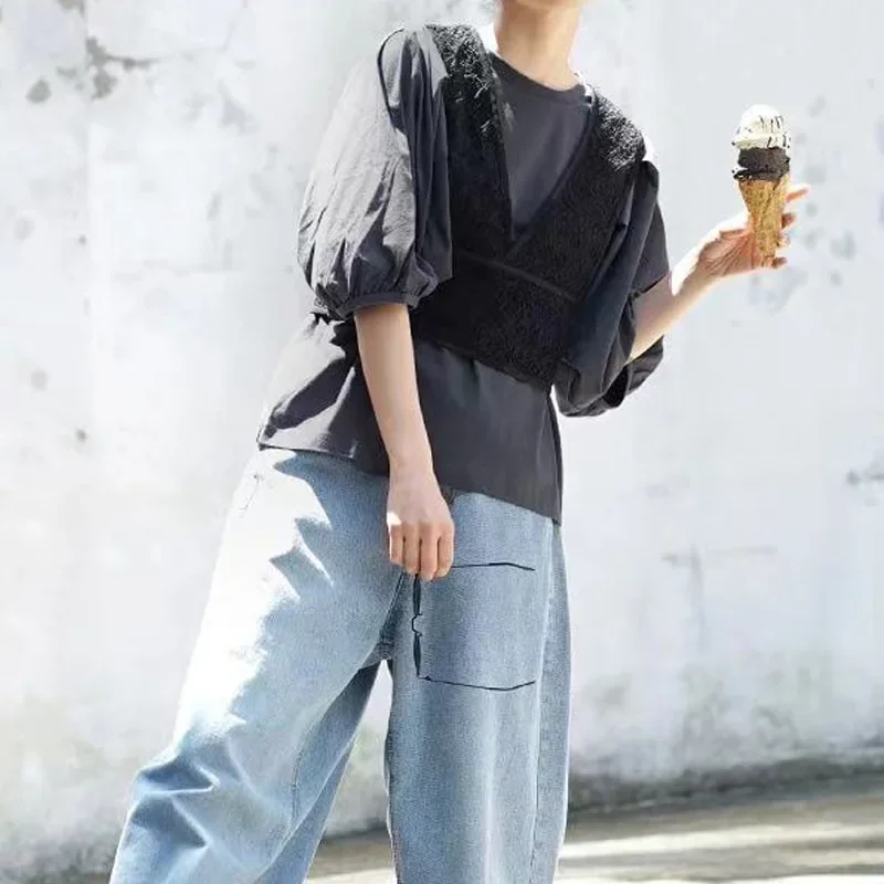 Лето 2023 новая простая повседневная однотонная свободная футболка с круглым