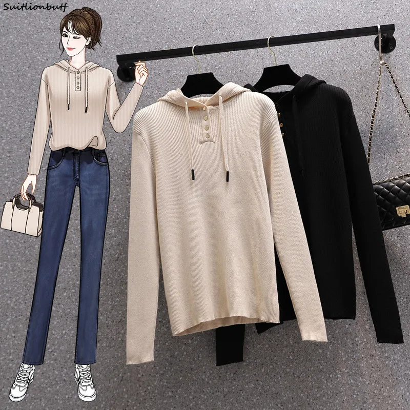 

Женский трикотажный свитер с капюшоном, свитер оверсайз в Корейском стиле, весна-осень 2022