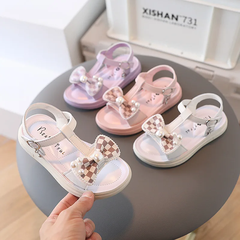 

Girls Sandals 2022 Summer New Chic Children Fashion Cute with Bow Soft Princess Non-slip Beach Shoes Sweet Purple Hook & Loop PU