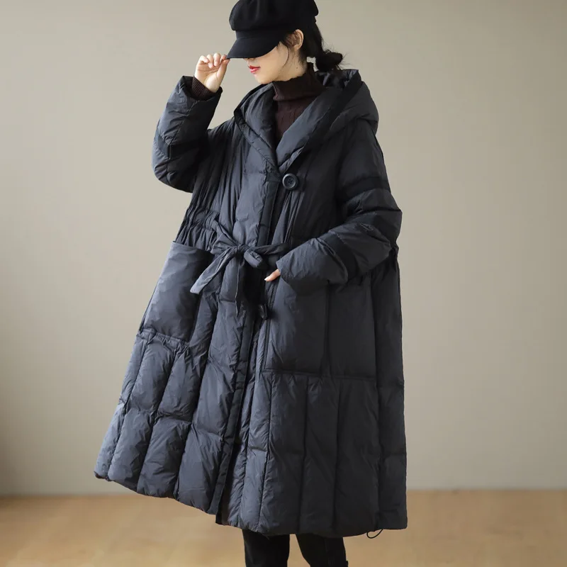 

2022 Winter New Solid Color Two-button Lace-up Long White Duck Down Jacket Women Loose Hooded Warm Thickened Down Jacket Women