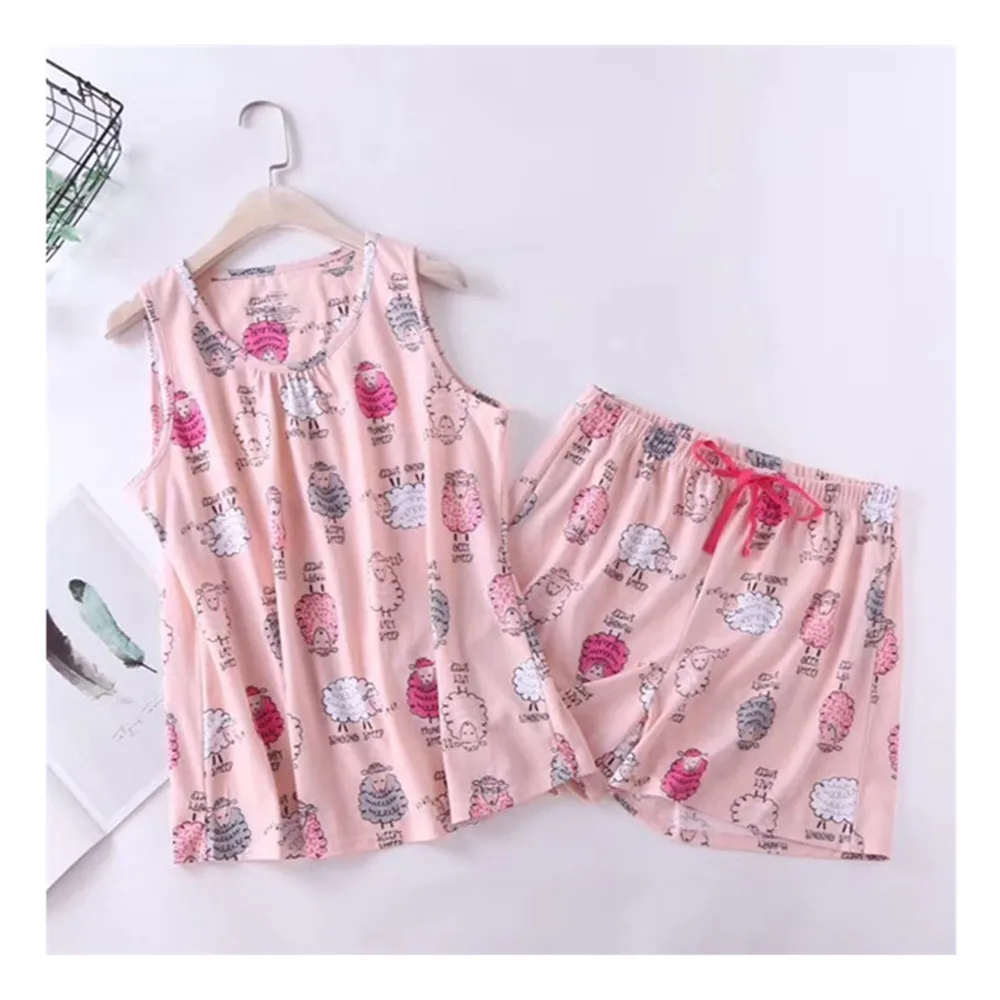 Summer Pajamas Set Sleeveless T-shirt Shorts 2Piece/Set Sexy Hot Pyjama Big Size Mom Homewear Cozy Plus Cartoon Mom Sleepwear