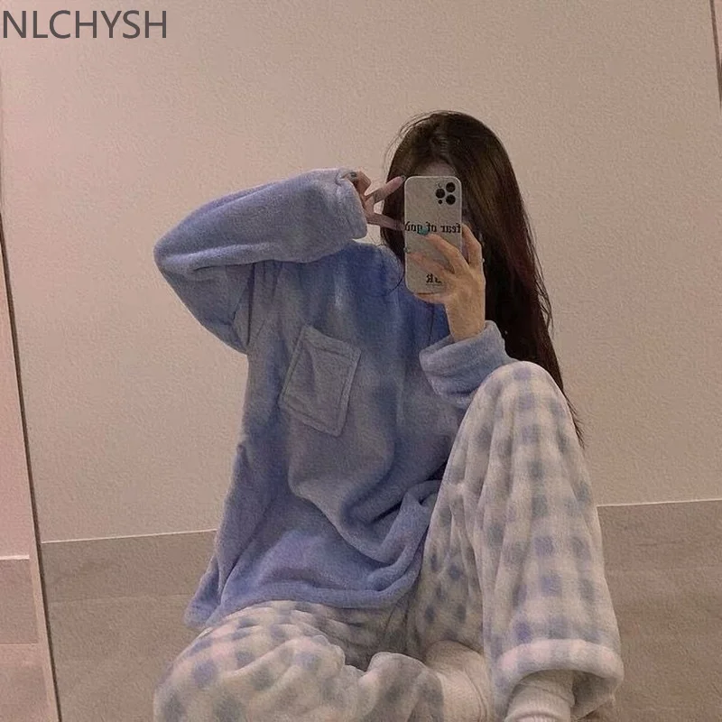 

Velvet Pajama Woman Winter Korean Style Plaid Pants Flannel Two Piece Home Clothes Pyjamas Trouser Suits Pijamas Sleepwear