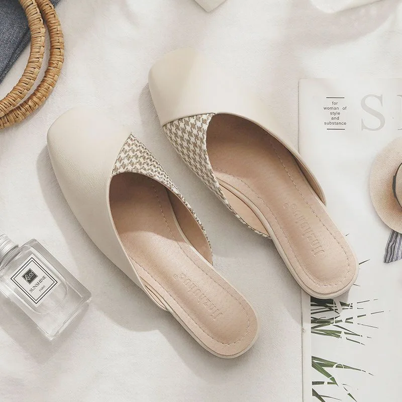 Summer Classic Mule Women Shoes Ladies Retro Soft Sole Slipper Womens Mule Low Heel Sandals Female Beige Mule for Falt Shoes