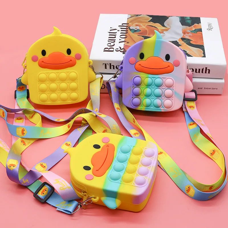 

New Yellow Duck Pop It Decompression Fidget Toys Crossbody Bag Push Bubble Coin Purse Soft Anti Stress Squeeze Toys for Kids