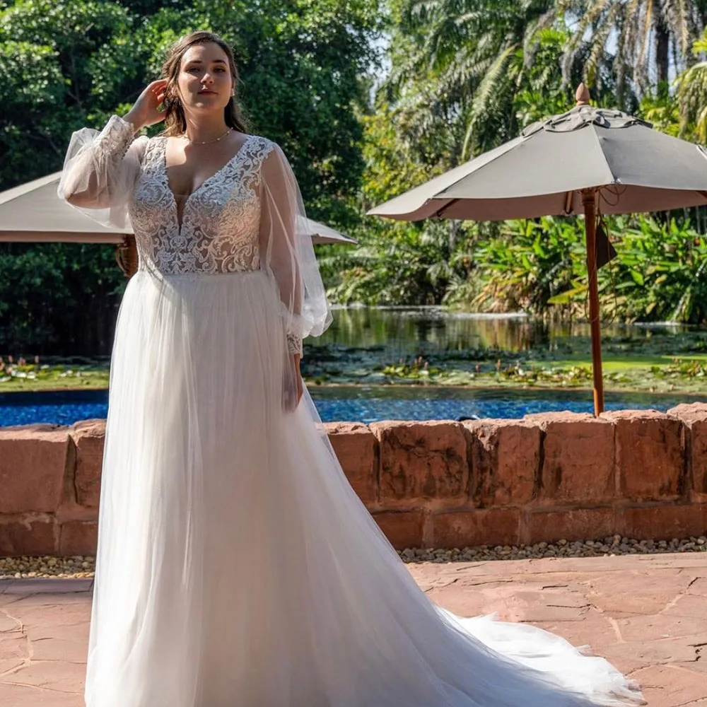 

Plus Size Wedding Dresses For Women Sexy V Neck Lace Appliques Lantern Sleeves Bridal Gowns Boho A Line Tulle Cвадебное платье