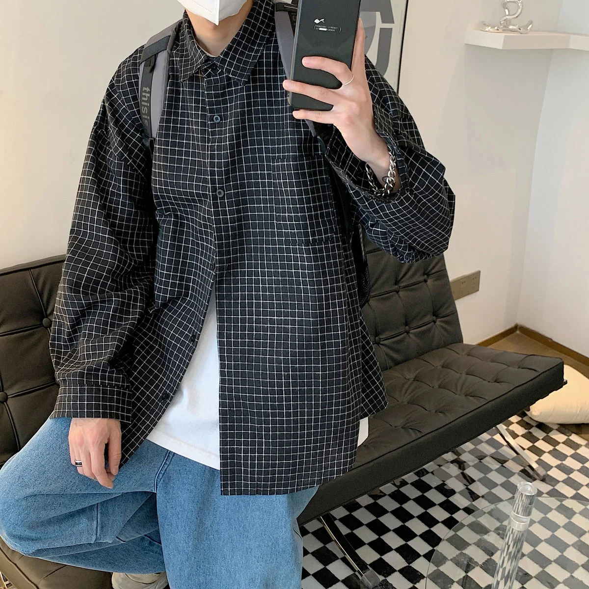 

Рубашка Hybskr Мужская в шотландскую клетку, Свободная блуза с длинными рукавами в японском стиле, повседневный винтажный кардиган с отложным ...