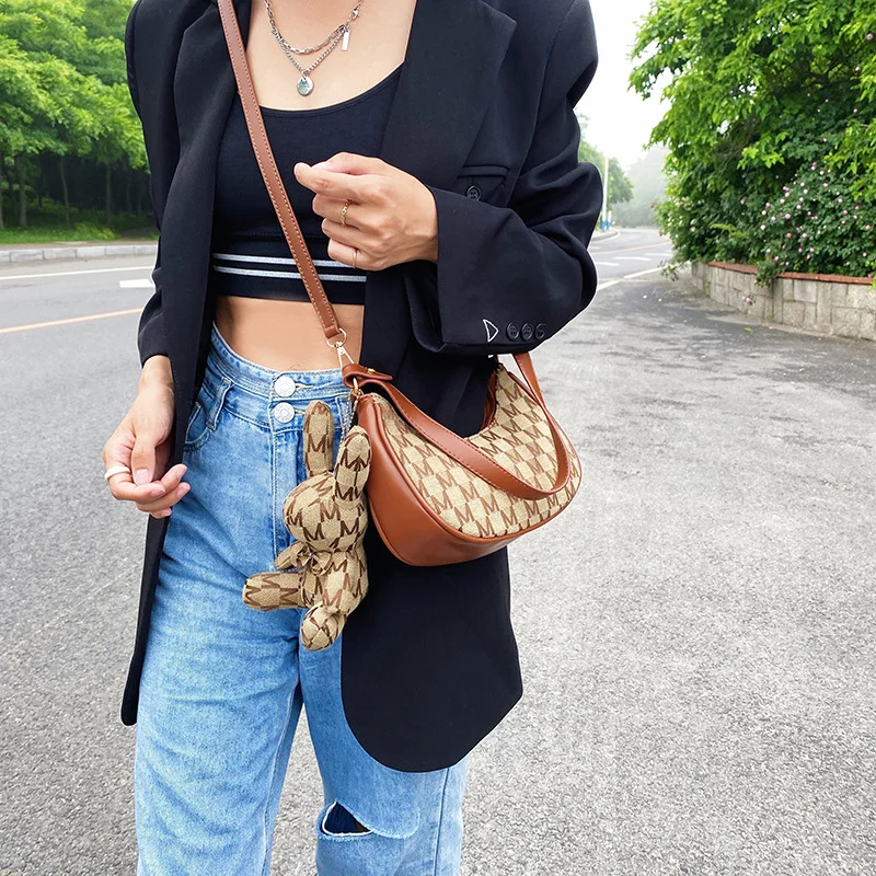 Cute Muppet Rabbit Pendant Texture Printed Crescent Bag Personality Fashion Small Bag New Simple Shoulder Bag