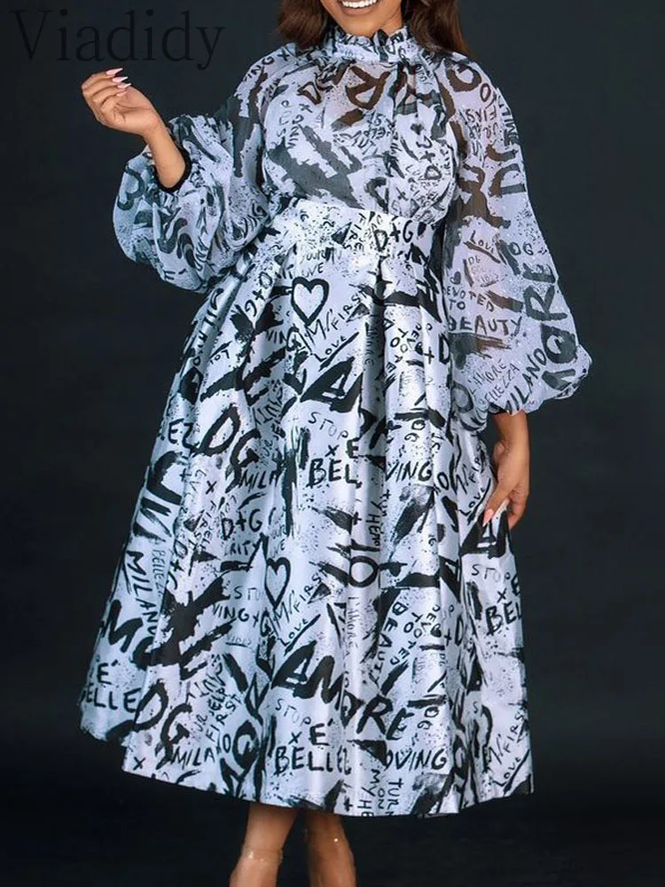 

Women Print Stand Collar Puff Sleeve A-Line Dress Vestido