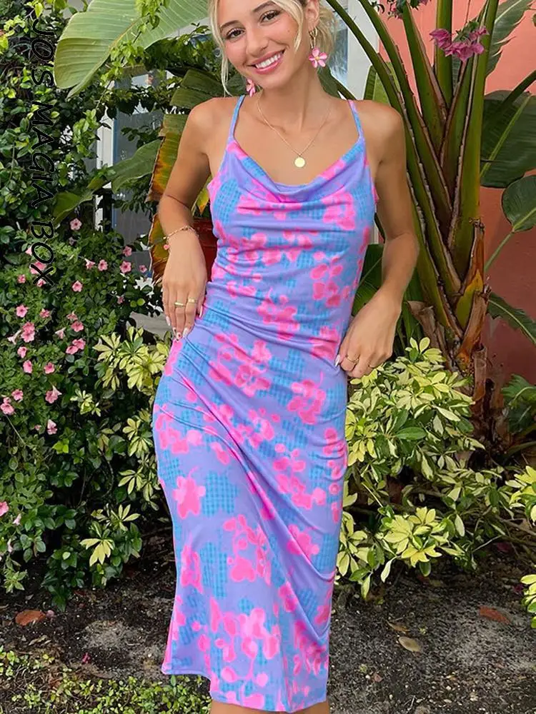 

Jo's Magia Box Print Flowers Backless Bodycon Sexy Maxi Women's Dress 2022 Summer Party Club Elegant Sleeveless Women Dresses