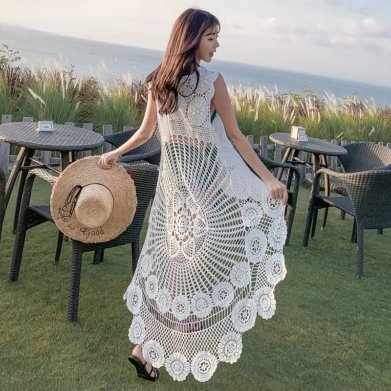 Crochet Beach Dress Lace Women Summer 2022 Seaside Bikini Cover Up Oversize Sexy Sleeveless Hollow Out Front Short Back Long