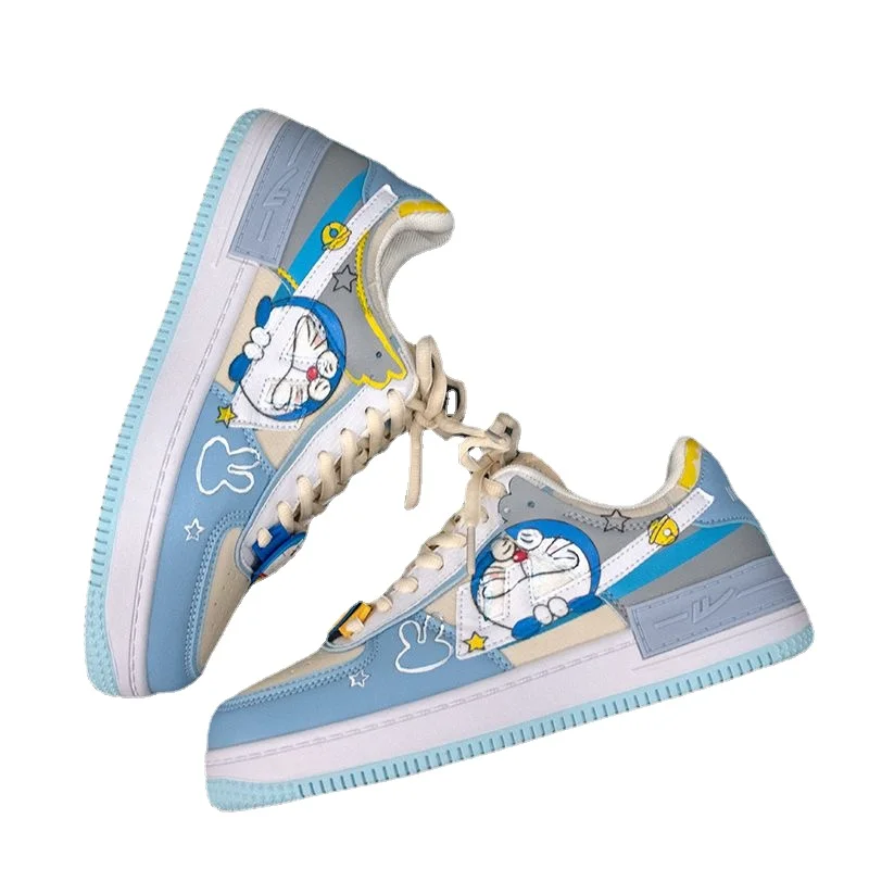 

Ботинки Doraemon с ручной росписью, женские белые ботинки на плоской подошве, цвет молочно-синий