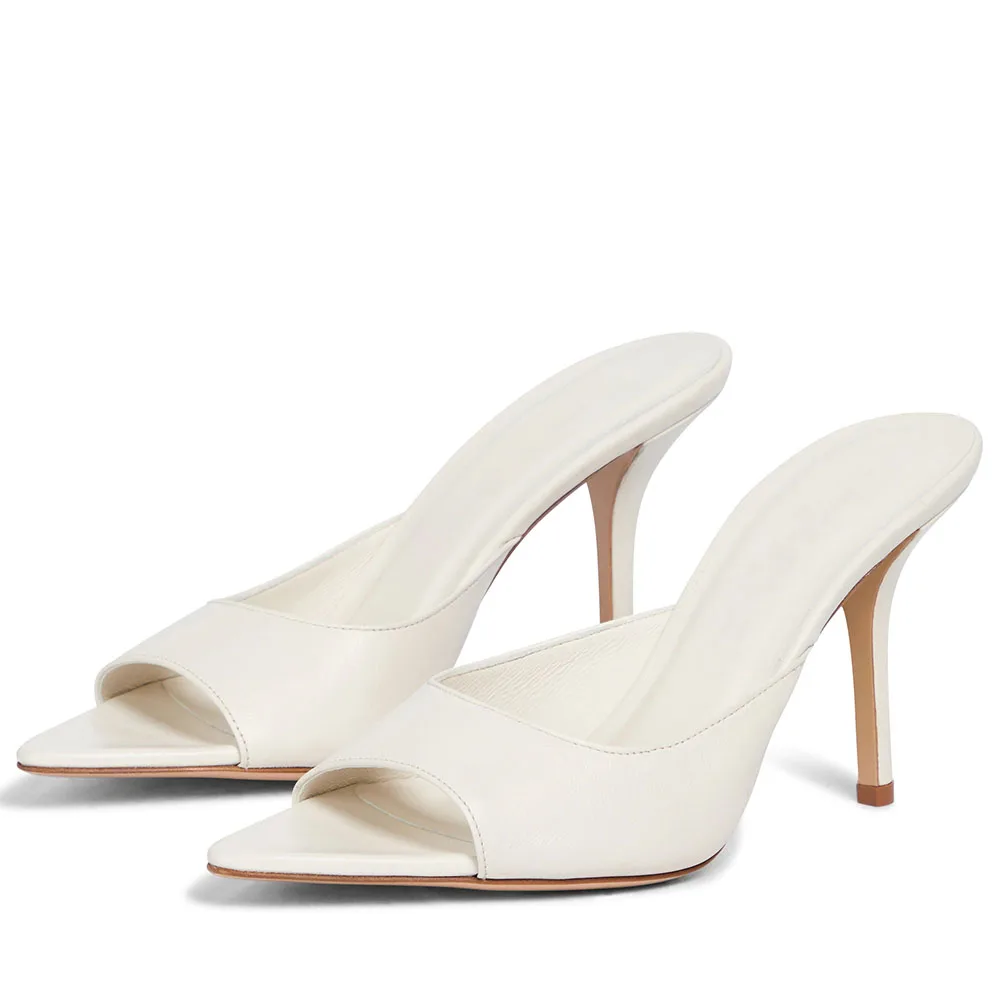 2023 Summer New Women's Pointed Toe High Heel Mules Sandals Brown PU Leather Slippers Ladies Large Size Black White Shoes Slides