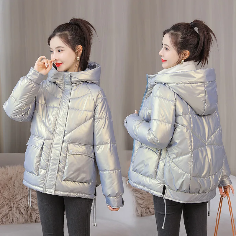 Parkas Women Glossy Cotton-Padded Jacket Women's Short down Cotton-Padded Jacket Loose Hoodie Padded Coat Winter Coat Women