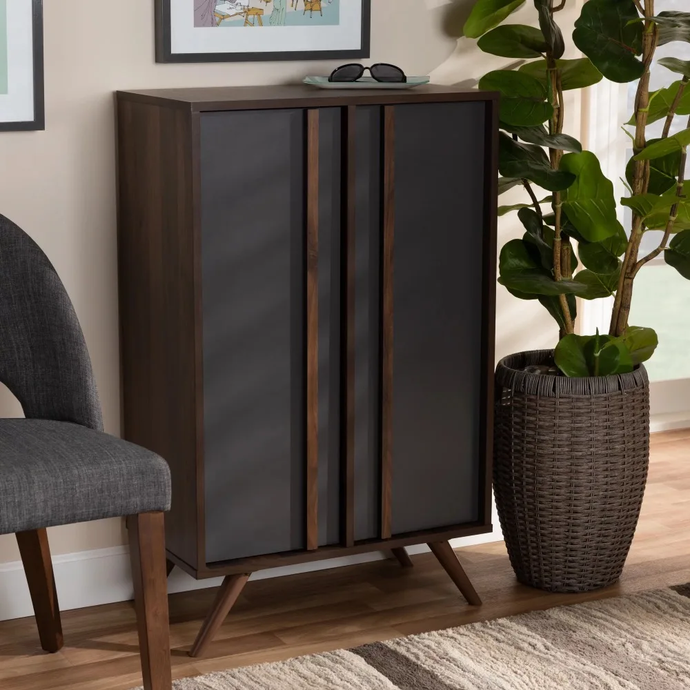 

Naoki Modern and Contemporary Two-Tone Grey Walnut Finished Wood 2-Door Shoe Cabinet Shoes Storage Org