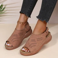 2022 summer sandals hollow wedge womens shoes round toe solid color retro european and american low top cave shoes