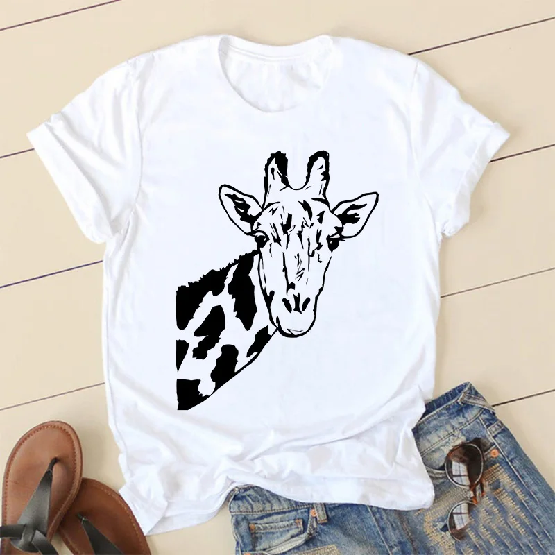 

Women's Summer Harajuku Short Sleeve T-shirt Fun Cute Animal Pattern T Shirt Giraffe Print Woman Tshirts Women Tops