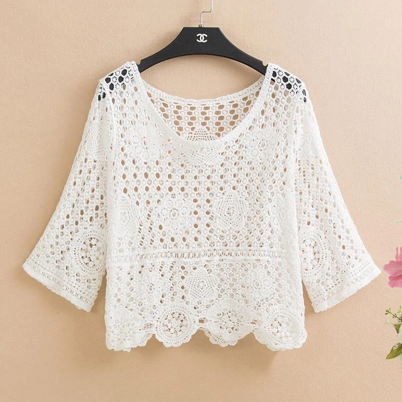 

Кружевная вырезанная Маленькая шаль, осенняя трикотажная короткая кофта, солнцезащитное пальто со средним рукавом, Женский пуловер