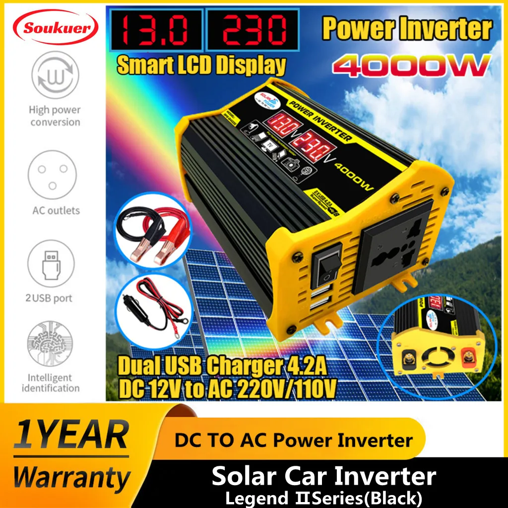

4000W Car Power Inverter LED Voltage Display 12V to AC 220V 110V Dual USB Converter Adapter Modified Sine Wave Solar Inverter
