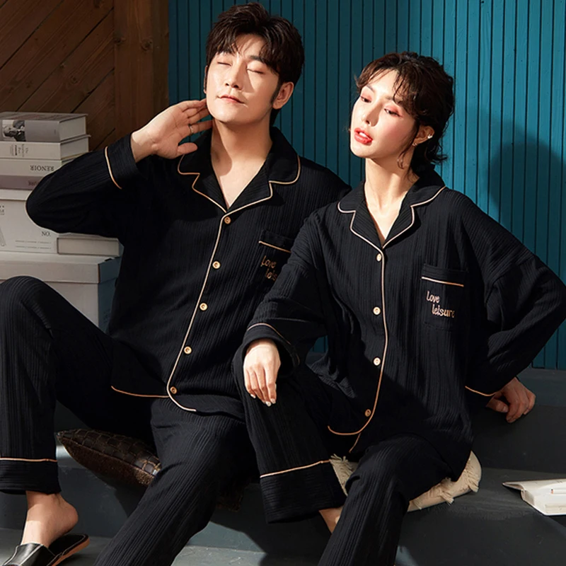 QUHENG Youth Couple's Pajamas Autumn Long Sleeved Trousers Cotton Soft Breathable Men Women Matching Lounge Lapel Printed Suit