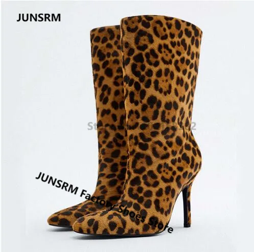 2022 Newest Thin Heels Mid-calf Boots Pointed Toe Brown Leopard Striped Women Suede Bootes Ladies Winter Short Slip On Booties