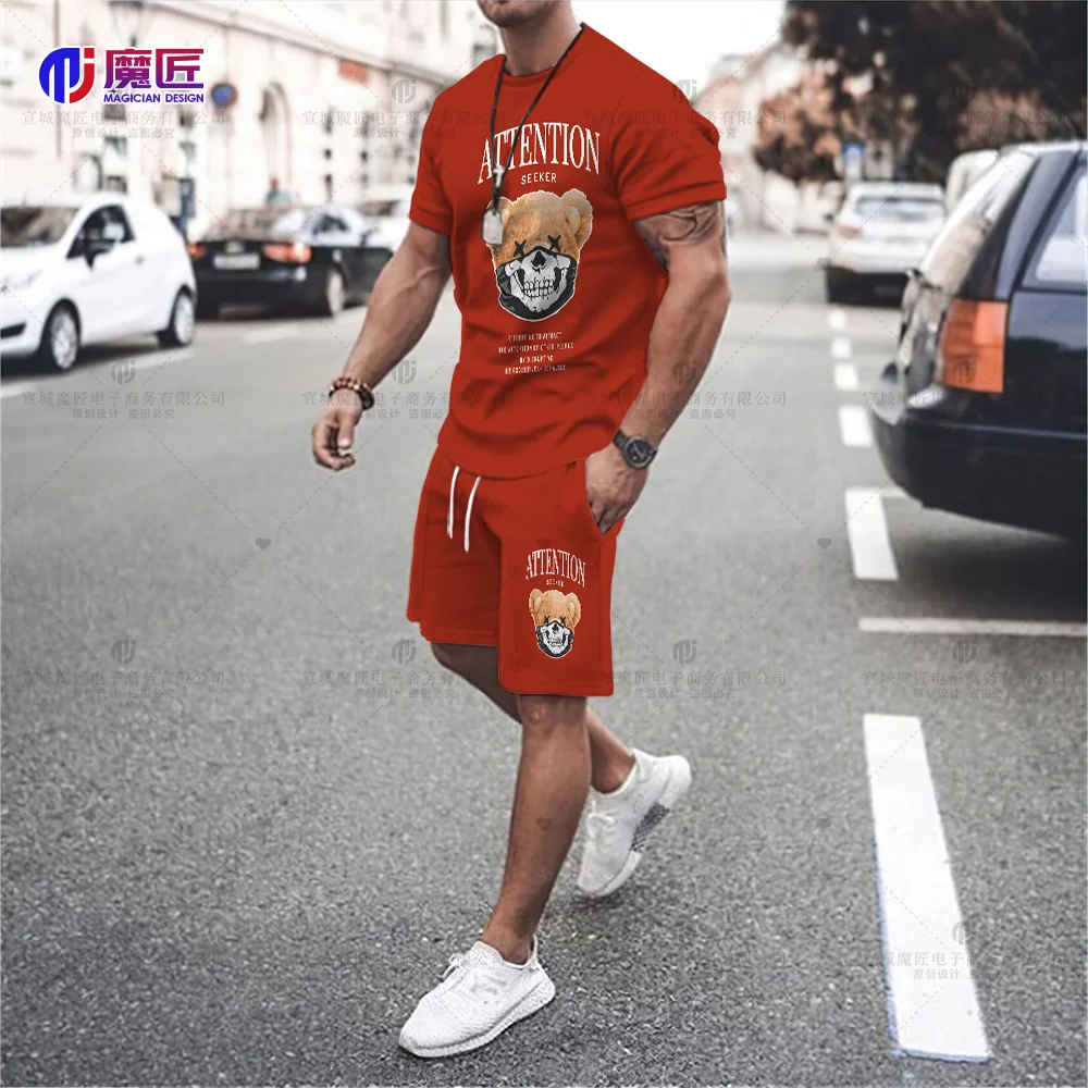 2023 Funny Teddy Bear T-Shirt Cool Robot Graphic Tops Harajuku Cartoon Street Men's Casual Fashion Shorts Set Roupas Men