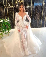 arabic elegant mermaid detachable train lace wedding dresses dubai embroidered v neck formal bridal gowns vestido de noiva