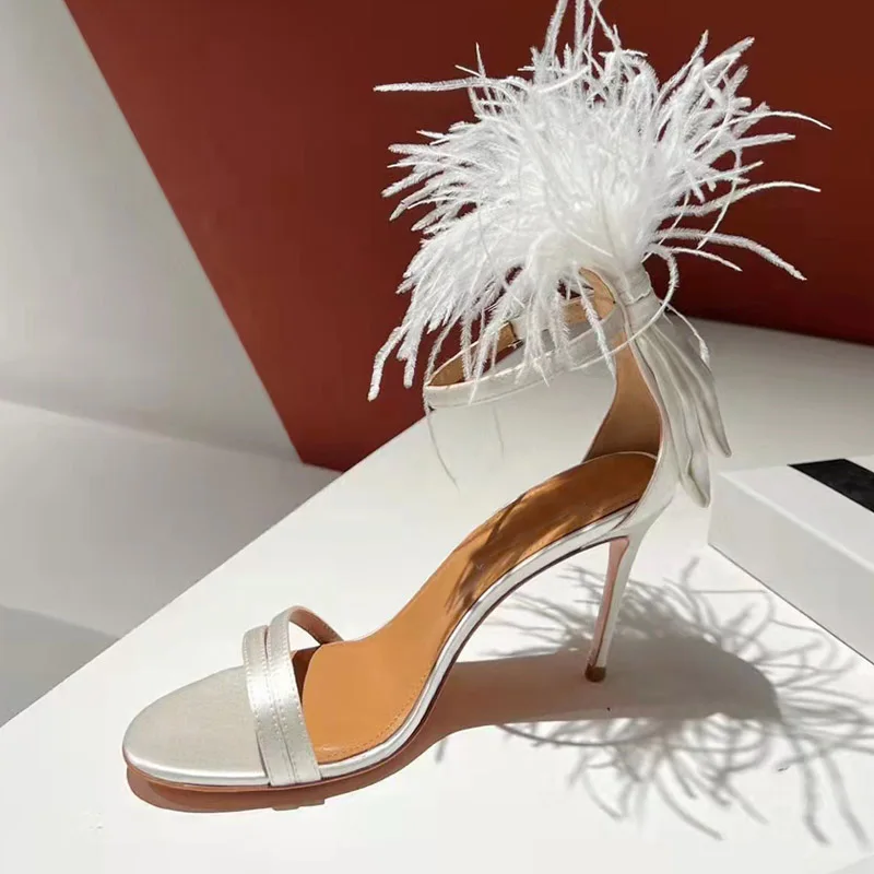 

Blue Luxury Satin Feather Sandals Woman Open Toe High Heels Lady Fashion Party Shoes