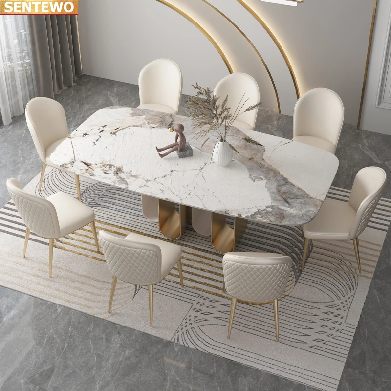 

Designer Luxury kitchen room Marble Rock Slab dining table set 6 chairs mesa de jantar posta furniture Stainless steel gold base