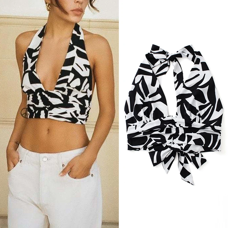 

Summer 2022 Women Print Cropped Tanks Top Sleeveless Backless Female Sexy Halter Tops LY9815