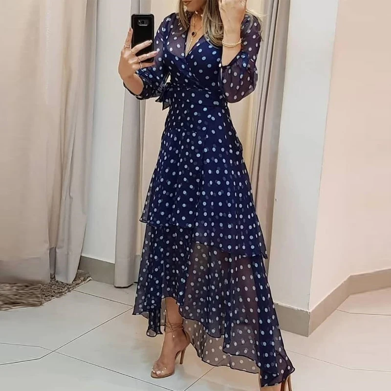 

Dot Print Layered Ruffles Maxi Dress 2023 New Fashion Long Sleeve Casual Dresses Spring Summer Sexy V Neck Long Dress Wholesale