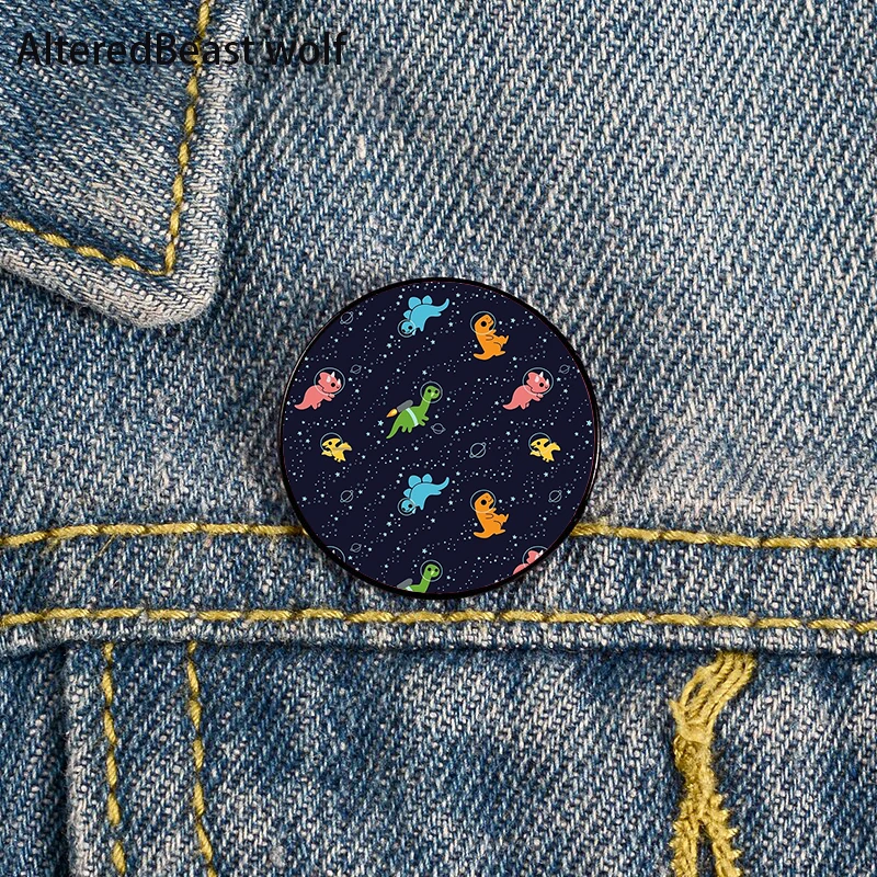 

Dinosaurs In Space Printed Pin Custom Funny Brooches Shirt Lapel Bag Cute Badge Cartoon Cute Jewelry Gift for Lover Girl Friends