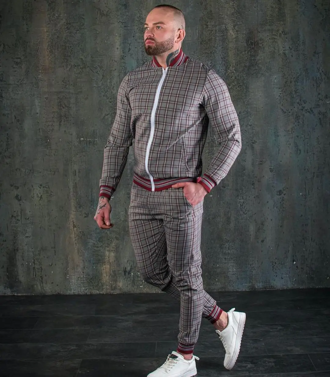 2022 Two Piece Outfits Suit Men Autumn Thin Plaid Fashion Zipper Jacket Trousers 3D Suit Gentlemen Clothing Sportswear