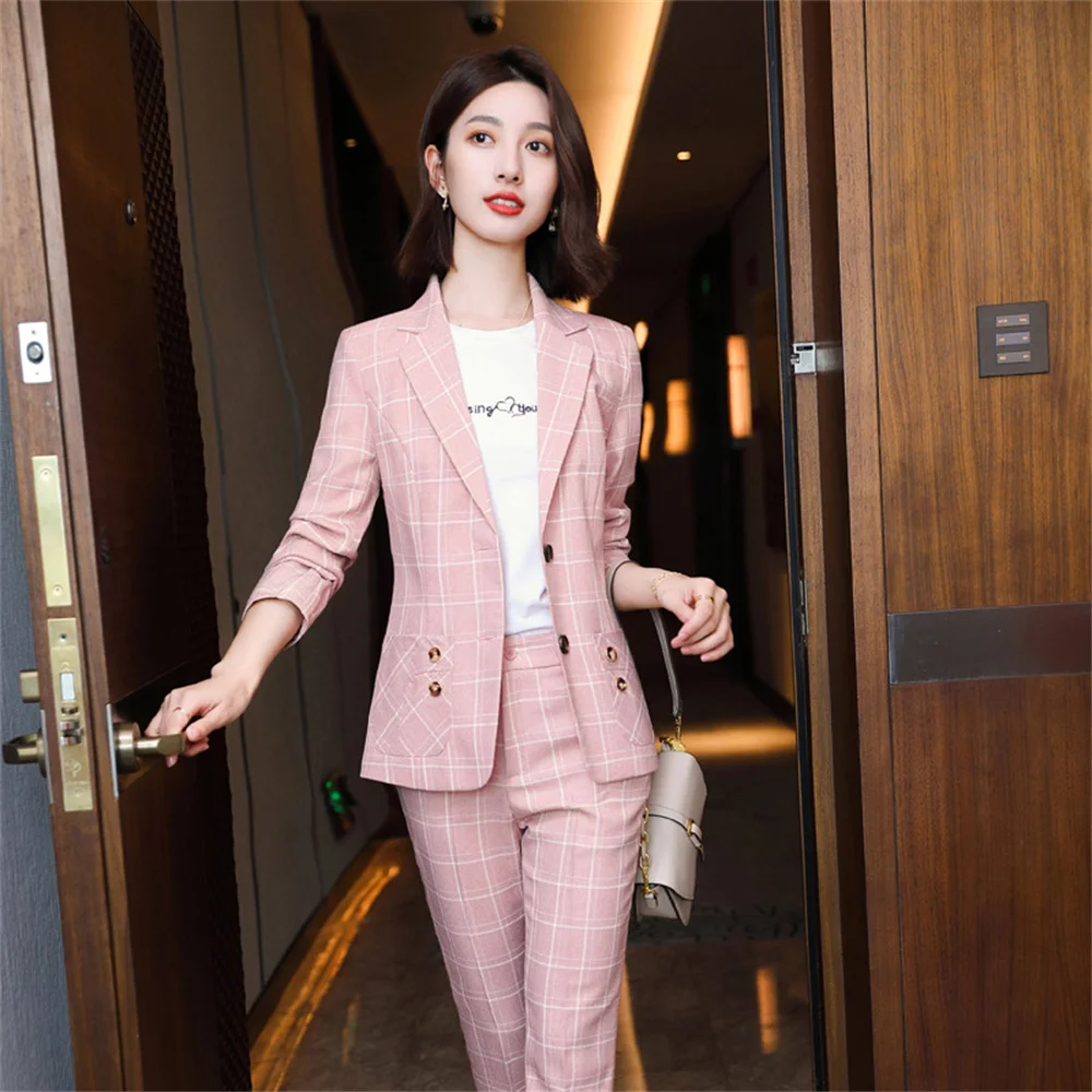 Chic Plaid Women's Formal Pants Set 2023 New in Female Casual Business 2 Piece Set Elegant Office Lady Blazer Suit with Trousers
