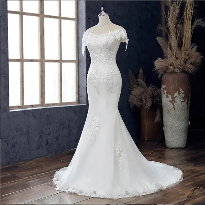 Купи Luxury Lace Appliques Wedding Dresses Mermaid Lace Up Back Bride Gown Robe De Mariée Court Train Vestidos De Novia за 7,341 рублей в магазине AliExpress