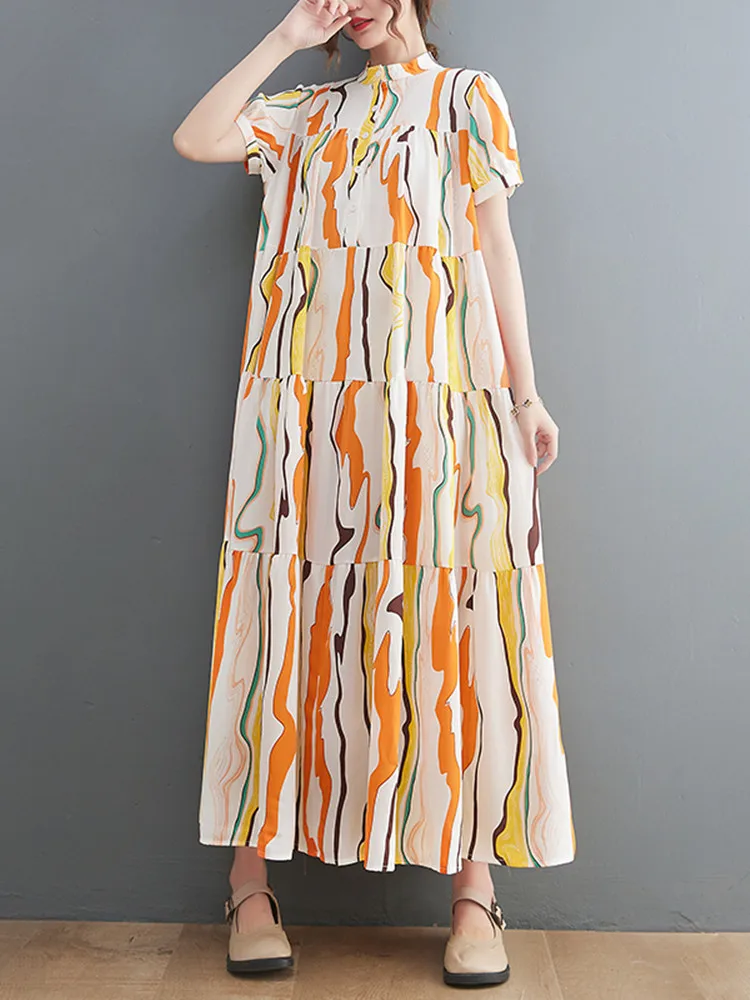 Женское платье в полоску повседневное свободное составного кроя Корейском стиле