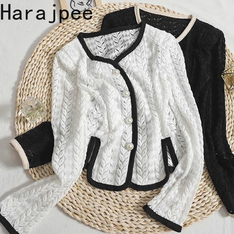 

Harajpee Women Shirt Hollow Out Contrast Color Single Breasted Round Neck Slim Hook Flower Spring New Cardigan All MatchTops