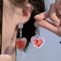 ins new s925 silver needle cute zircon chain dangle earrings korea pink gradient heart shape jewelry for women girls accessories