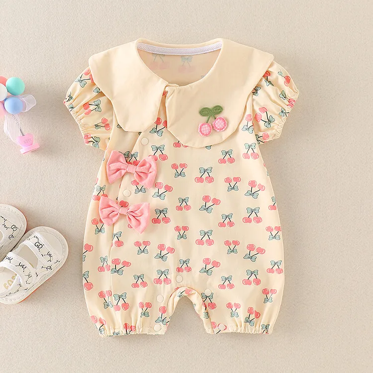 

Jenny&Dave Baby Clothes 2023 Summer All Over Print Little Cherry One Piece Romper Girl Baby Sweet and Foreign Summer Dress Short