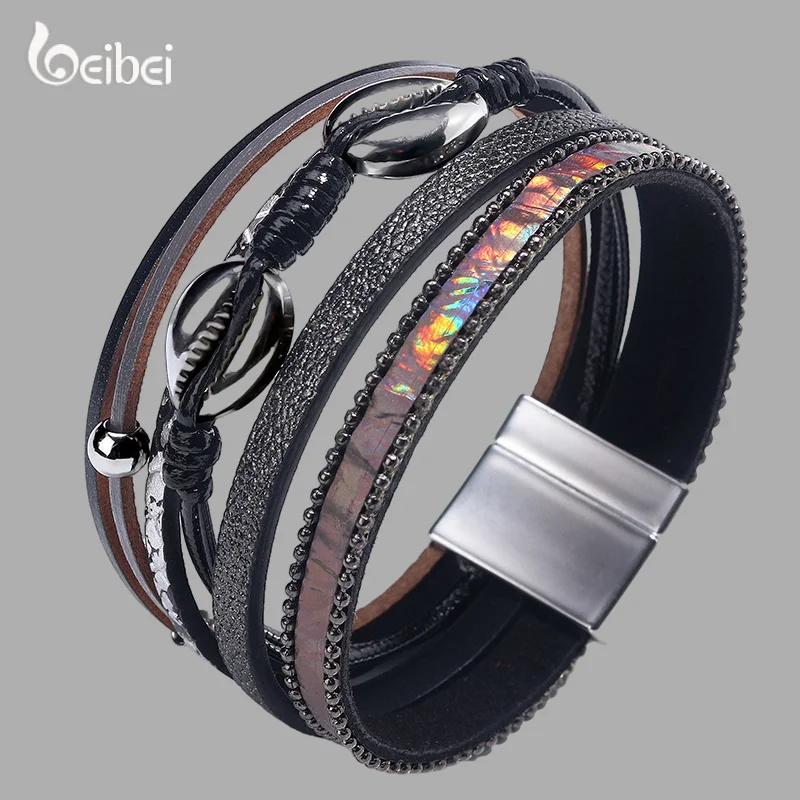 

2022 Women Leather Bracelets Fashion Party Jewelry Metal Shell Charm Wide Multilayer Bohemian Bracelet Female
