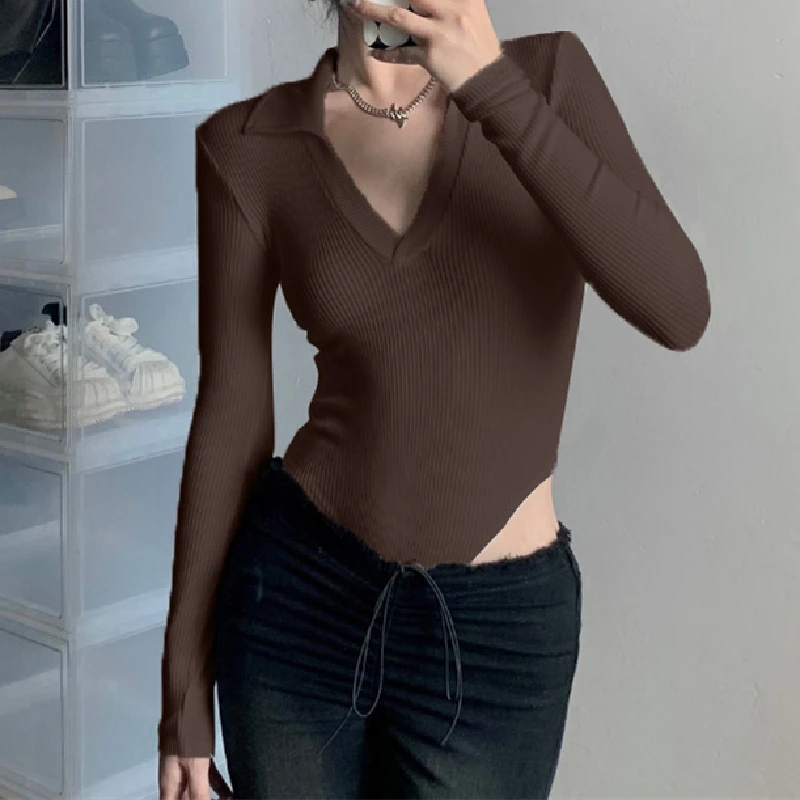 

Осенний женский сексуальный комбинезон с V-образным вырезом, боди, однотонный эластичный облегающий Топ с длинным рукавом, женский модный т...