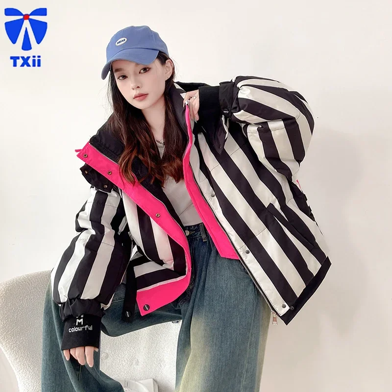 Высококачественный стильный полосатый женский короткий пуховик с капюшоном North