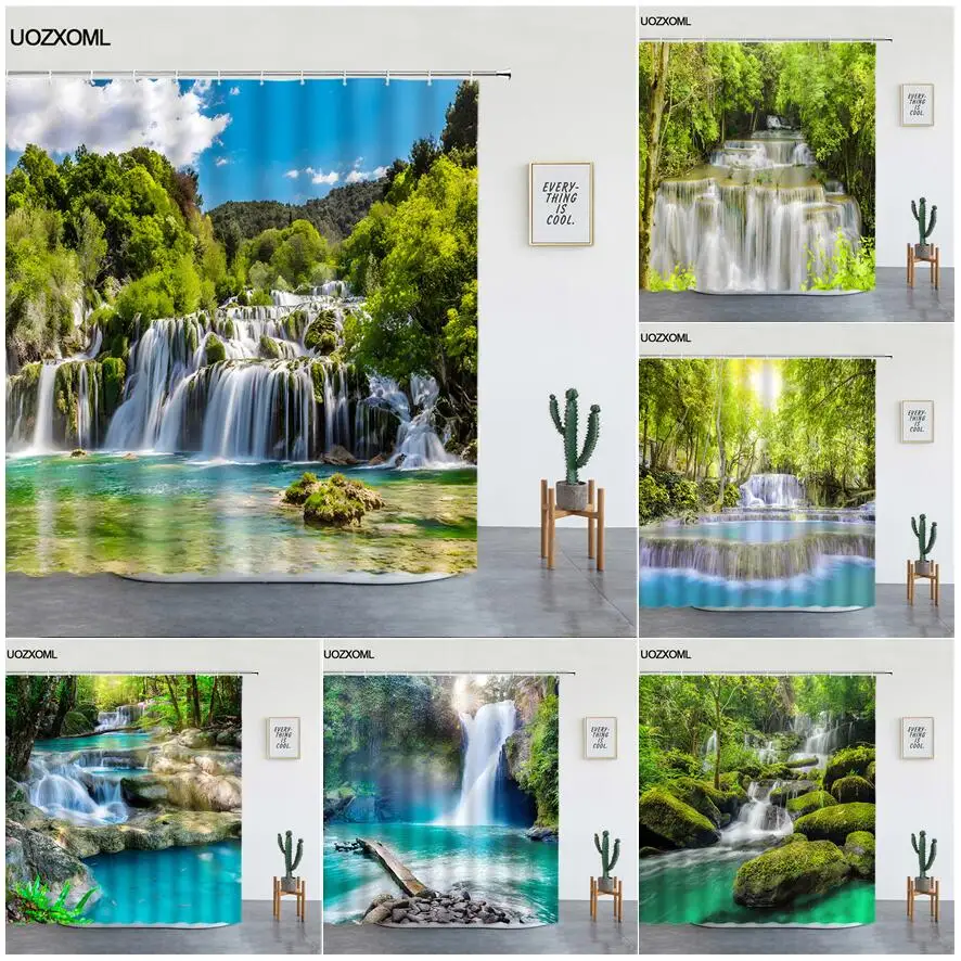 

Spring Waterfall Landscape Shower Curtains Mountain Forest Plants Nature Scenery Modern Garden Wall Hanging Bathroom Decor Sets