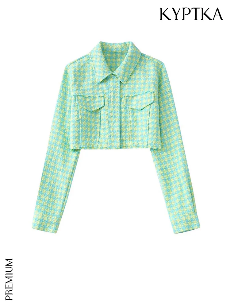 

Женская твидовая укороченная куртка KYPTKA, черная винтажная куртка в мелкую клетку, с длинным рукавом, на пуговицах, с потертостями на подоле, ...