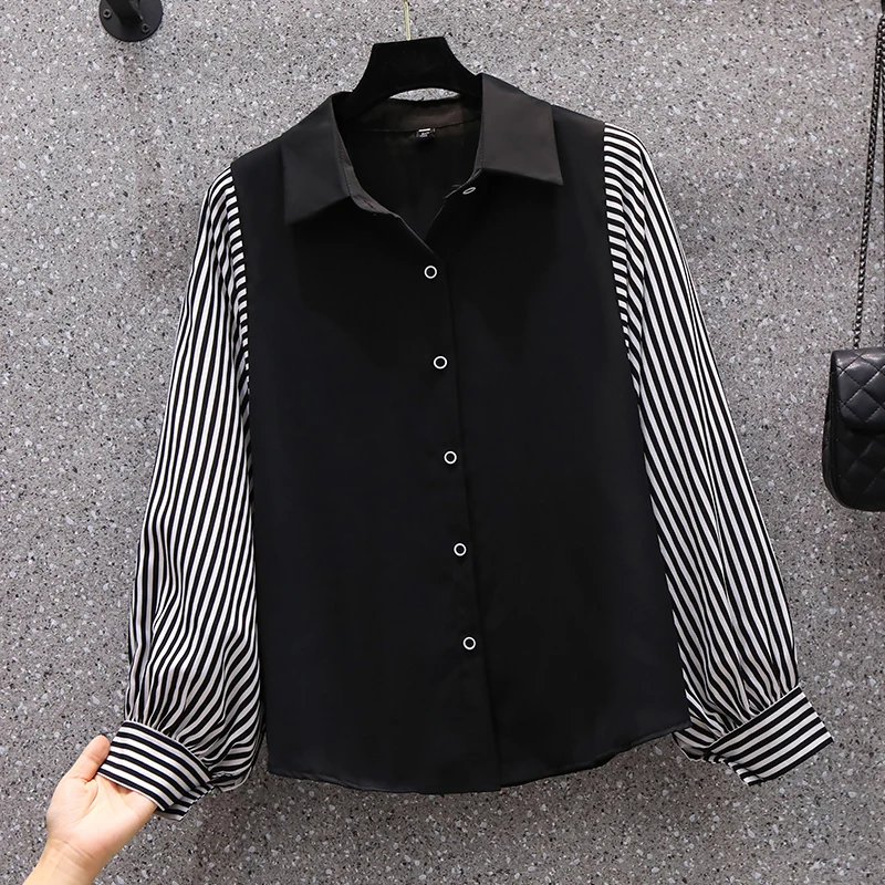 

SuperAen Plus Size Clothes Spring 2022 New Fashion Loose Slim Splicing Fake Two Casual Shirts Womens Tops