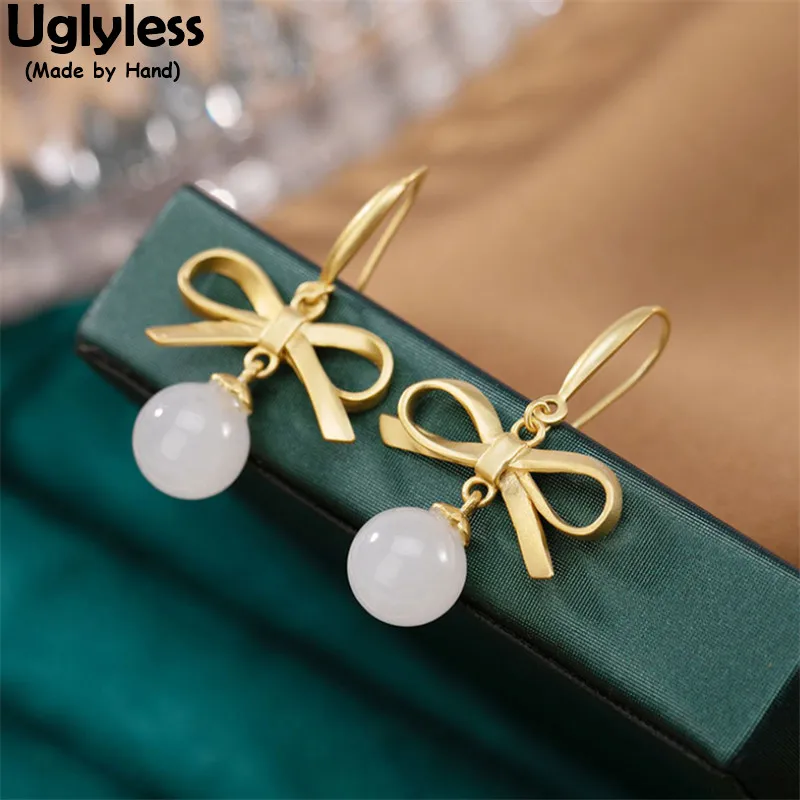 

Uglyless Sweet Bows Earrings for Girls Students Nature Jade Balls Dangle Earrings Gold 925 Silver Brincos Bijoux Gemstones Jewel