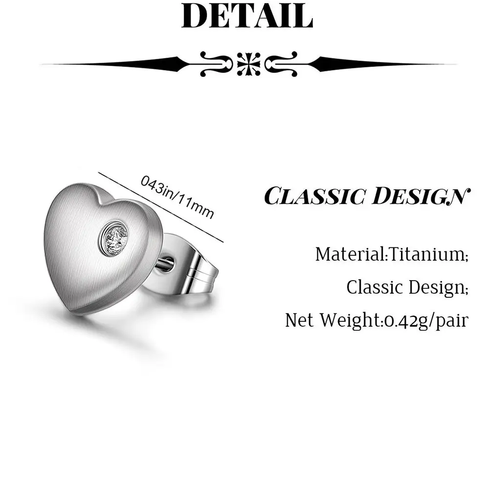 TGNEL Серьги-гвоздики из чистого титана в форме сердца 7 мм/9 мм с белым фианитом