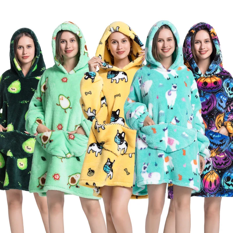 

Cartoon Oversized Hoodie Sweatshirt Women Printed Wearable Blankets Fleece Warm Kids Sleepwear Lazy TV Giant Blanket