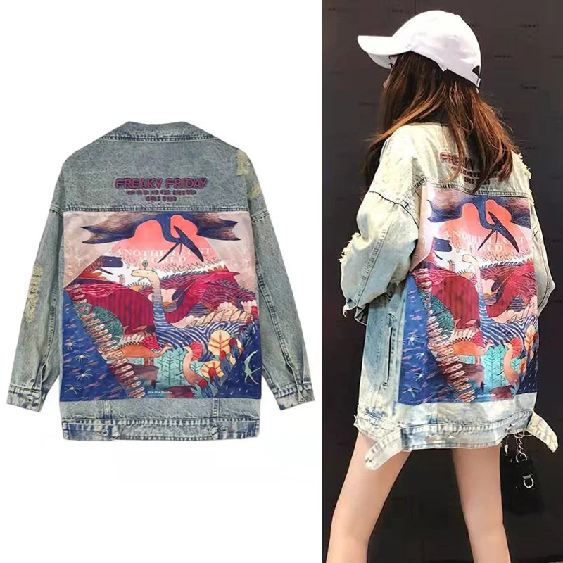 

Harajuku Cartoon Print Denim Jacket Women Boyfriend Long Jeans Jacket Coat Autumn Streetwear Oversized Outerwear Loose Punk Tops