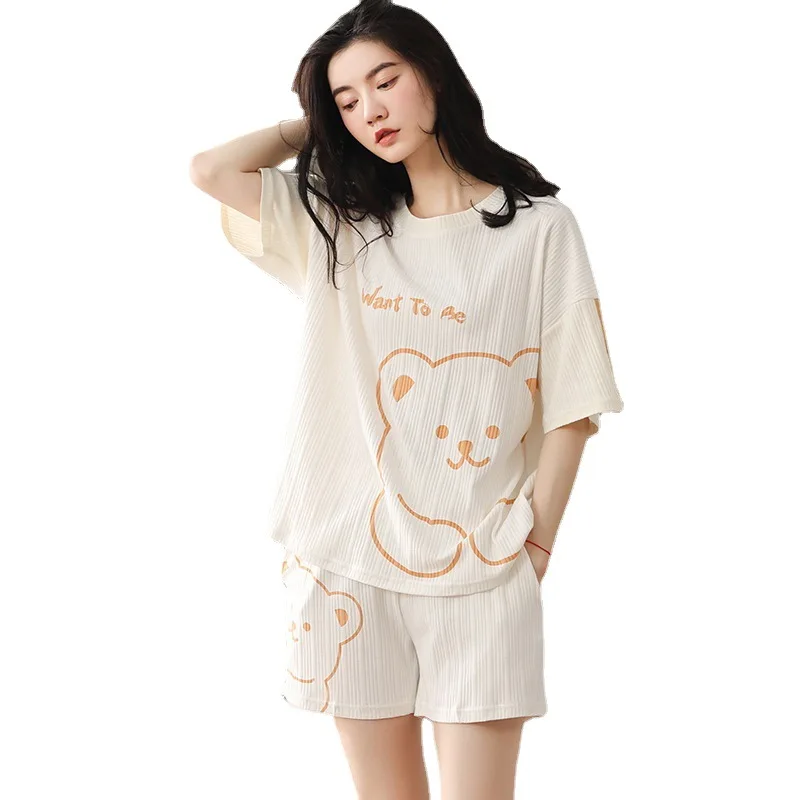 Pajamas for Women's Summer 2023 New Thin Cotton Short-sleeved Korean Version of Loose and Cute Home Service Can Be Worn Outside